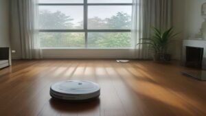 Robô aspirador Mondial RB-01 posicionado em frente a um tapete fino em uma sala de estar iluminada.