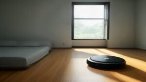 Robô aspirador Mondial RB-01 limpando embaixo de uma cama moderna em um quarto iluminado.