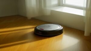 Robô aspirador Mondial RB-01 limpando o chão em uma sala iluminada com um cão ao lado.