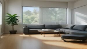 Robô aspirador Roomba Combo j9+ posicionado em uma base de carregamento em uma sala de estar moderna e iluminada.