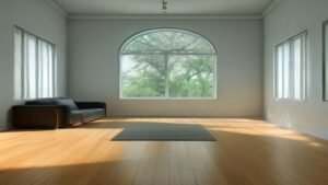 Robô aspirador Roomba Combo j9+ limpando o chão de uma sala de estar moderna e iluminada.