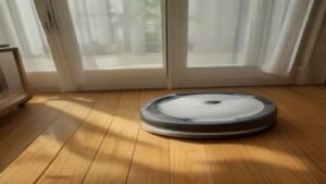 Robô aspirador Roomba Combo j9+ limpando sala de estar moderna e iluminada