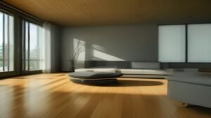 Robô aspirador Roomba Combo j9+ realizando limpeza em uma sala de estar moderna e iluminada.