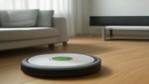 Robô aspirador Roomba Combo j9+ posicionado em sua base Clean Base em uma sala de estar moderna.