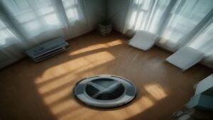 Robô aspirador Roomba Combo j9+ limpando o chão de uma sala de estar moderna.