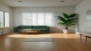 Robô aspirador Roomba Combo j9+ parado na sua base de autolimpeza em uma sala de estar moderna e minimalista.