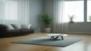 Robô aspirador Roomba Combo j9+ em sua base de carregamento em uma sala de estar moderna e iluminada.