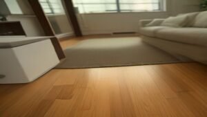 Robô aspirador Roomba Combo j9+ limpando sala de estar com piso de madeira e tapete