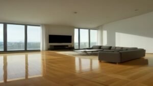 Robô aspirador Roomba Combo j9+ limpando o piso de uma sala de estar ampla e moderna.