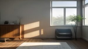 Roomba Combo j9+ limpando uma sala de estar moderna com transição entre piso e tapete.