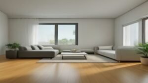 Robô aspirador Roomba Combo j9+ limpando um piso de madeira em uma sala de estar moderna e iluminada.