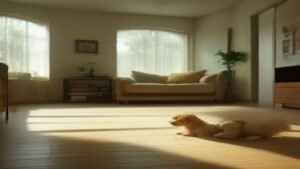 Robô aspirador Roomba Combo j9+ limpando sala de estar com cachorro deitado ao fundo.