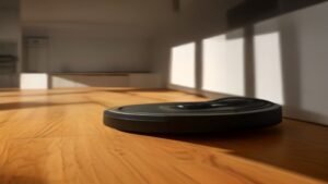 Robô aspirador Roomba Combo j9+ operando em uma sala de estar moderna e iluminada