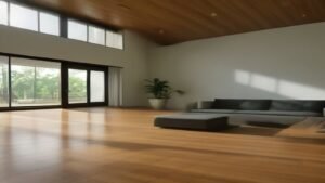 Robô aspirador Roomba Combo j9+ limpando uma sala de estar moderna e iluminada