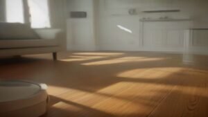 Robô aspirador Roomba Combo j9+ subindo em um tapete de sala com o sistema de elevação de mopa ativado