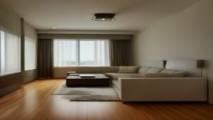Robô aspirador premium em base de carregamento dentro de uma sala de estar moderna e elegante.