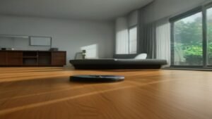 Robô aspirador Roomba Combo j9+ realizando limpeza autônoma em uma sala de estar moderna e iluminada.