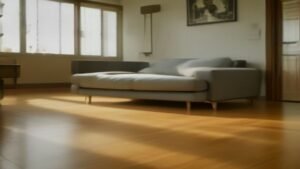 Aspirador robô Roomba Combo j9+ limpando sala de estar ao lado de um cachorro deitado em sua cama.