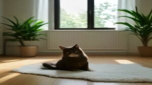 Robô aspirador Roomba Combo j9+ limpando o chão de uma sala de estar enquanto um gato observa calmamente ao lado.