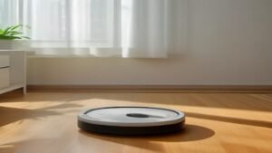 Robô aspirador Roomba em uma base de autolimpeza em uma sala de estar moderna e organizada.
