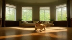 Robô aspirador Roomba em um ambiente doméstico moderno com um cão ao fundo.
