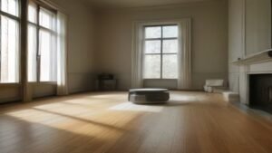 Robô aspirador Roomba Combo j9+ limpando um tapete felpudo em uma sala moderna