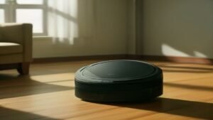Robô aspirador Roomba Combo j9+ limpando uma sala de estar moderna e aconchegante com piso de madeira e tapetes.