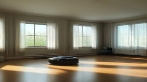 Robô aspirador Roomba Combo j9+ limpando o piso de uma sala de estar moderna.
