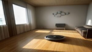 Robô aspirador Roomba Combo j9+ limpando um piso de madeira em uma sala de estar moderna.