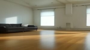 Robô aspirador Roomba Combo j9+ estacionado em sua base de autolimpeza em uma sala de estar moderna e iluminada.