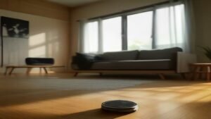 Aspirador robô aspirando o chão de uma sala de estar moderna com piso de madeira.