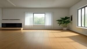 Robô aspirador inteligente limpando um piso de madeira em uma sala de estar moderna e iluminada.