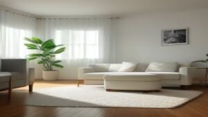 Robô aspirador de pó inteligente limpando o chão de madeira em uma sala de estar moderna e bem iluminada.