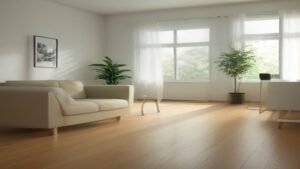 Robô aspirador inteligente branco limpando autonomamente um piso de madeira em uma sala de estar moderna e iluminada por luz natural.