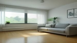 Robô aspirador inteligente limpando o piso de madeira clara de uma sala de estar moderna e iluminada.