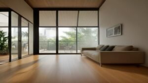 Robô aspirador inteligente Roborock Q7 limpando o piso de madeira em uma sala de estar moderna e iluminada.