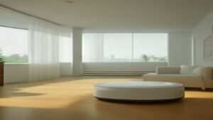Robô aspirador inteligente limpando o chão de madeira de uma sala de estar moderna e iluminada pela luz do sol.