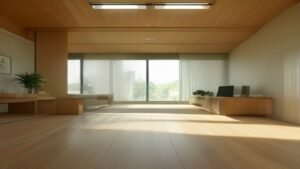 Robô aspirador inteligente limpando o piso de madeira em uma sala de estar moderna e iluminada por luz natural.