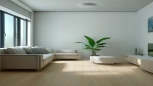 Robô aspirador inteligente limpando sala de estar moderna com piso de madeira