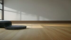 Robô aspirador Roborock Q7 limpando uma sala de estar moderna com piso de madeira iluminada pelo sol.