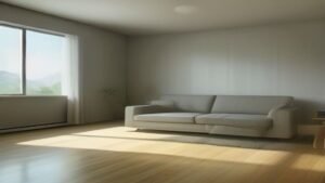 Robô aspirador Roborock Q7 limpando um piso de madeira em uma sala de estar moderna e iluminada.