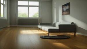 Roborock Q7 aspirador robô em uma sala de estar moderna e iluminada realizando a limpeza do piso.