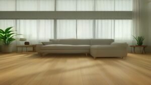 Robô aspirador inteligente limpando o piso de madeira de uma sala de estar moderna e iluminada por luz natural.