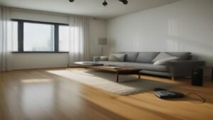 Robô aspirador Roborock Q7 realizando limpeza em uma sala de estar moderna e organizada.