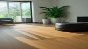Robô aspirador Roborock Q7 limpando o chão de uma sala de estar moderna.