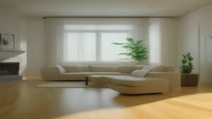 Robô aspirador Roborock Q7 realizando a limpeza de uma sala de estar moderna com piso de madeira clara.