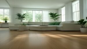 Robô aspirador de pó inteligente Roborock Q7 limpando o piso de madeira de uma sala de estar moderna e limpa.