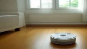 Robô aspirador Roborock Q7 limpando o piso de uma sala de estar moderna