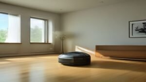 Robô aspirador Roborock Q7 limpando o chão de uma sala de estar moderna e iluminada
