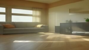 Robô aspirador Roborock Q7 limpando o piso de uma sala de estar moderna e iluminada.